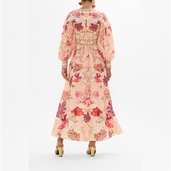 Camilla Shaped Waistband Maxi Dress Blossoms Brushstrokes Linen Romantic Pink L - Picture 3 of 16